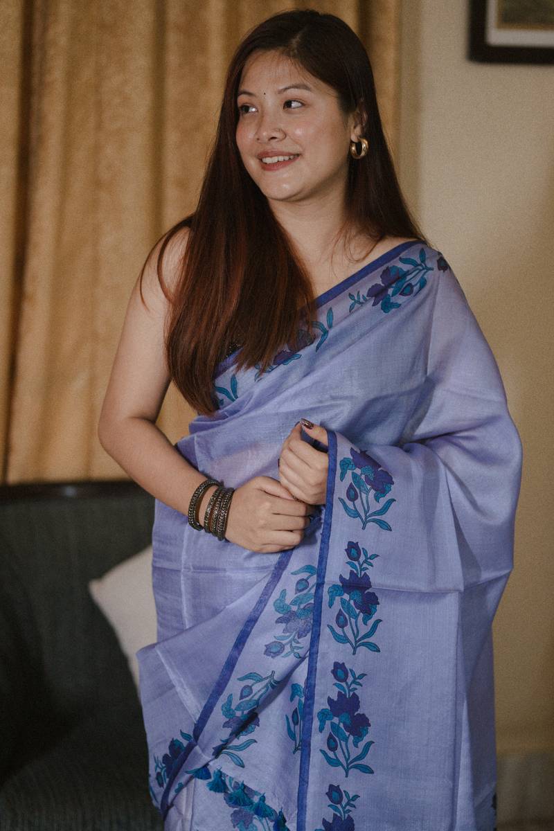 Pure Silk Mekhela sador with Floral (Hand block print) - Image 2