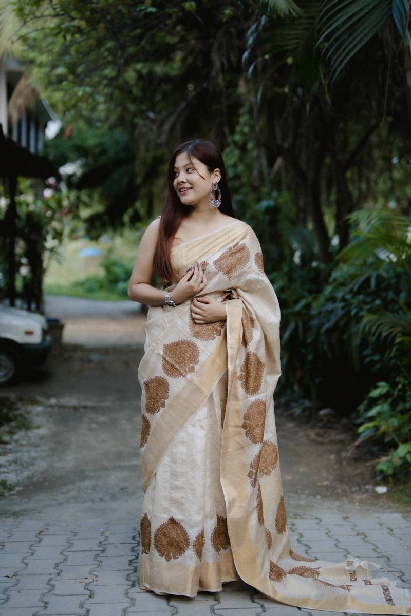 Pure Desi Tassar Silk Saree with Assamese modified Kingkhap (Hand Block Print) - Image 3