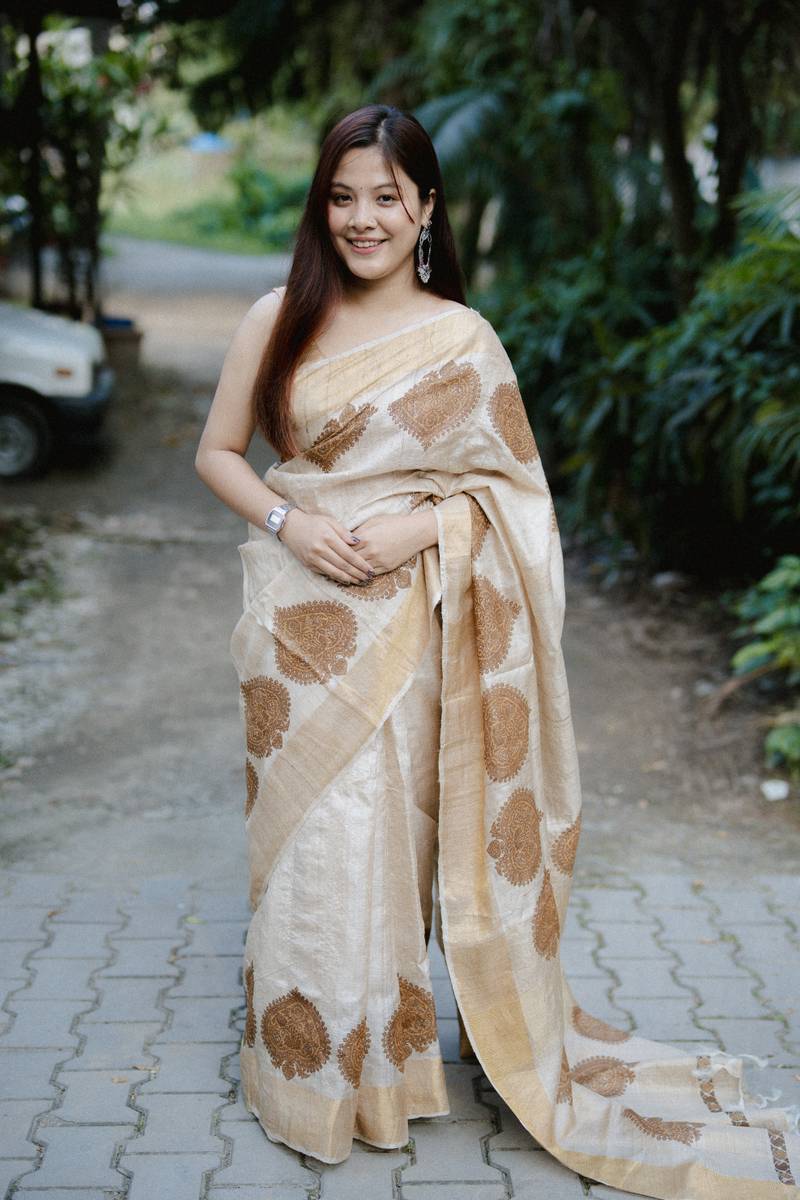 Pure Desi Tassar Silk Saree with Assamese modified Kingkhap (Hand Block Print)
