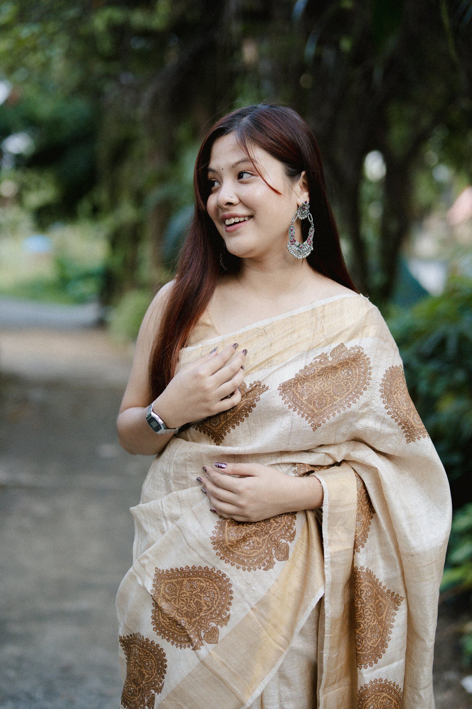 Pure Desi Tassar Silk Saree with Assamese modified Kingkhap (Hand Block Print) - Image 2