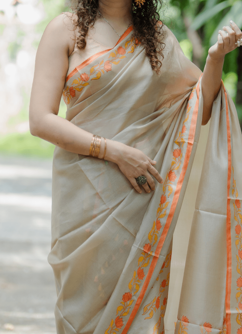 Single pure silk sador with floral design with silk mark tag (Hand block print) - Image 2