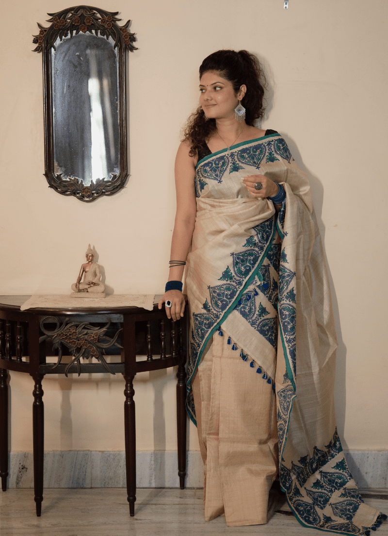 Single pure tassar sador in king khap design with silk mark tag (Hand block print)