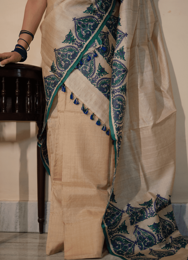 Single pure tassar sador in king khap design with silk mark tag (Hand block print) - Image 2