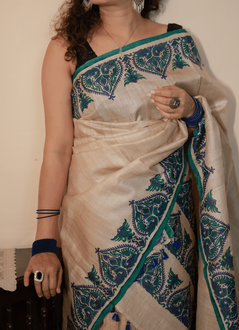 Single pure tassar sador in king khap design with silk mark tag (Hand block print) - Image 3